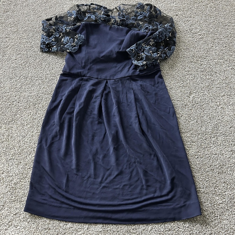 Mood Dress Womens Med Blue Floral Lace Sheer 3/4 Sleeve A Line Knee Length Party